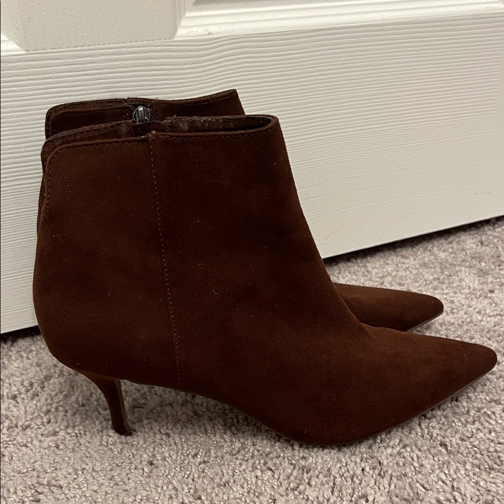 Charles David Chocolate Brown Suede Pointed Toe Ankle Boots | Stiletto Heel 8.5